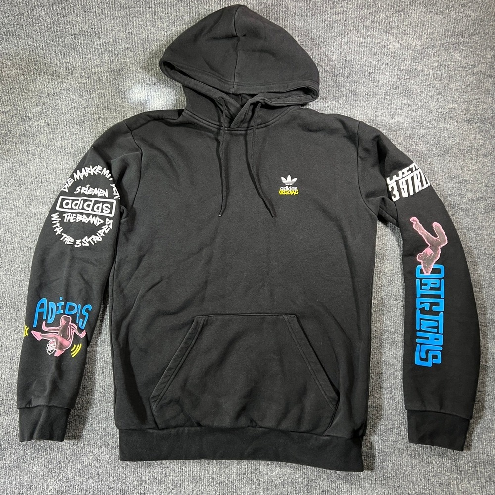 Adidas Originals Mens Small Black Graphic Pullover Hoodie Sweatshirt Streetwear